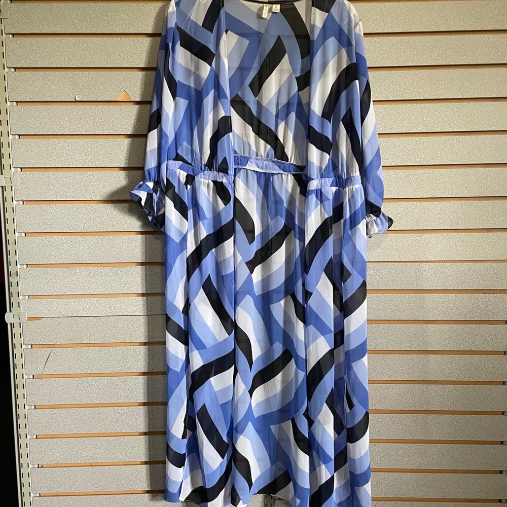 Cato Maxi Dress‎ Geometric Print Long Sleeve Sheer Casual Blue White M